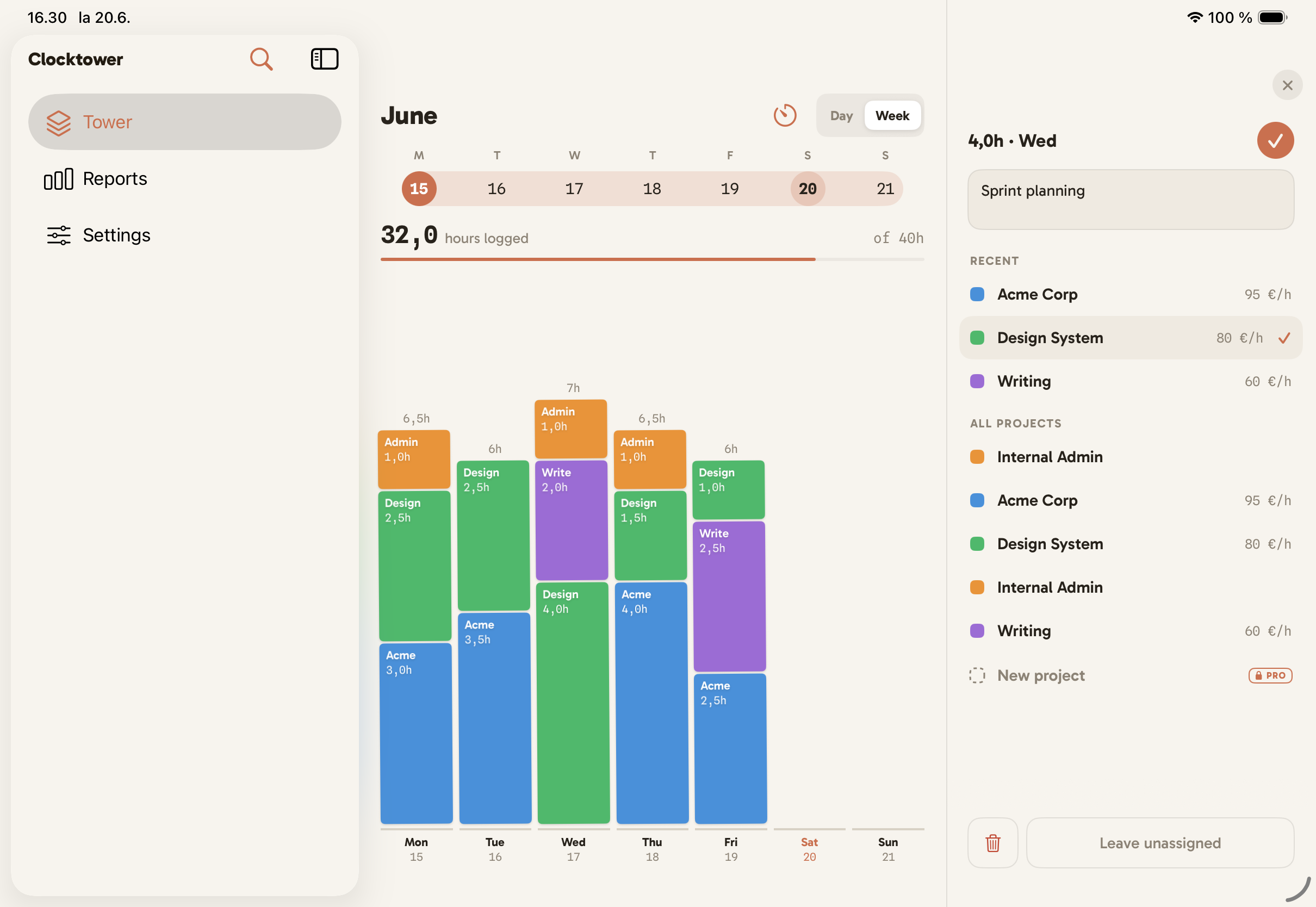 Clocktower on iPad in landscape: a sidebar, the full week of time blocks, and a side editor showing a block's project and hourly rate.