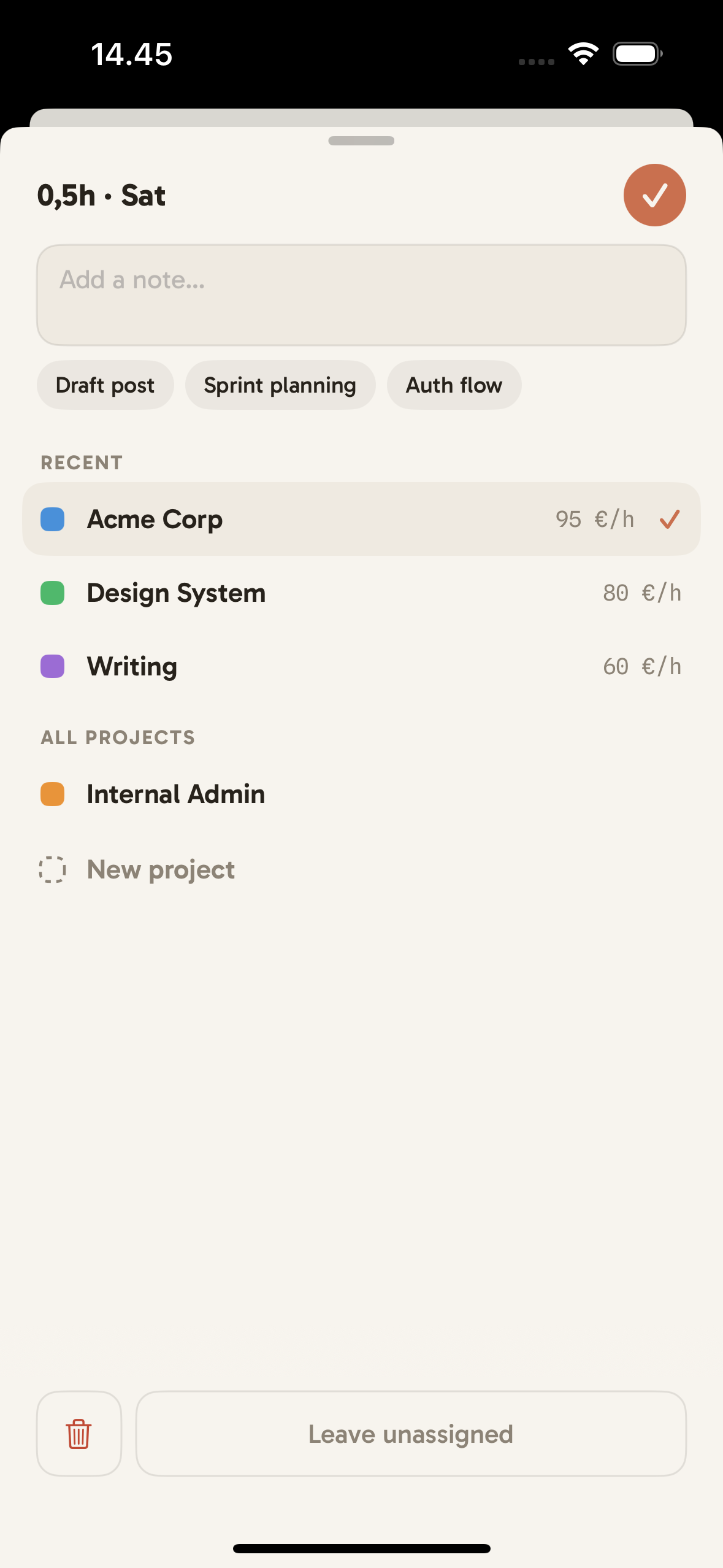 Clocktower project picker: a time block being assigned to a project, with per-project hourly rates shown beside each name.