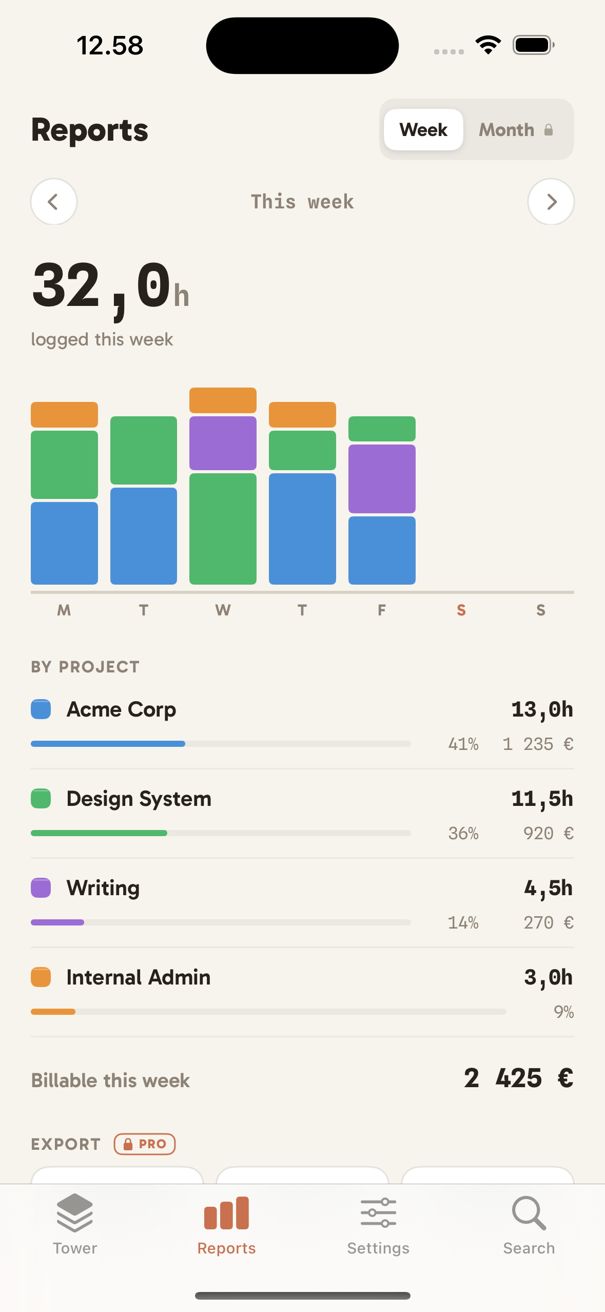 Clocktower reports screen breaking tracked time down by client and by week, with billable amounts shown.
