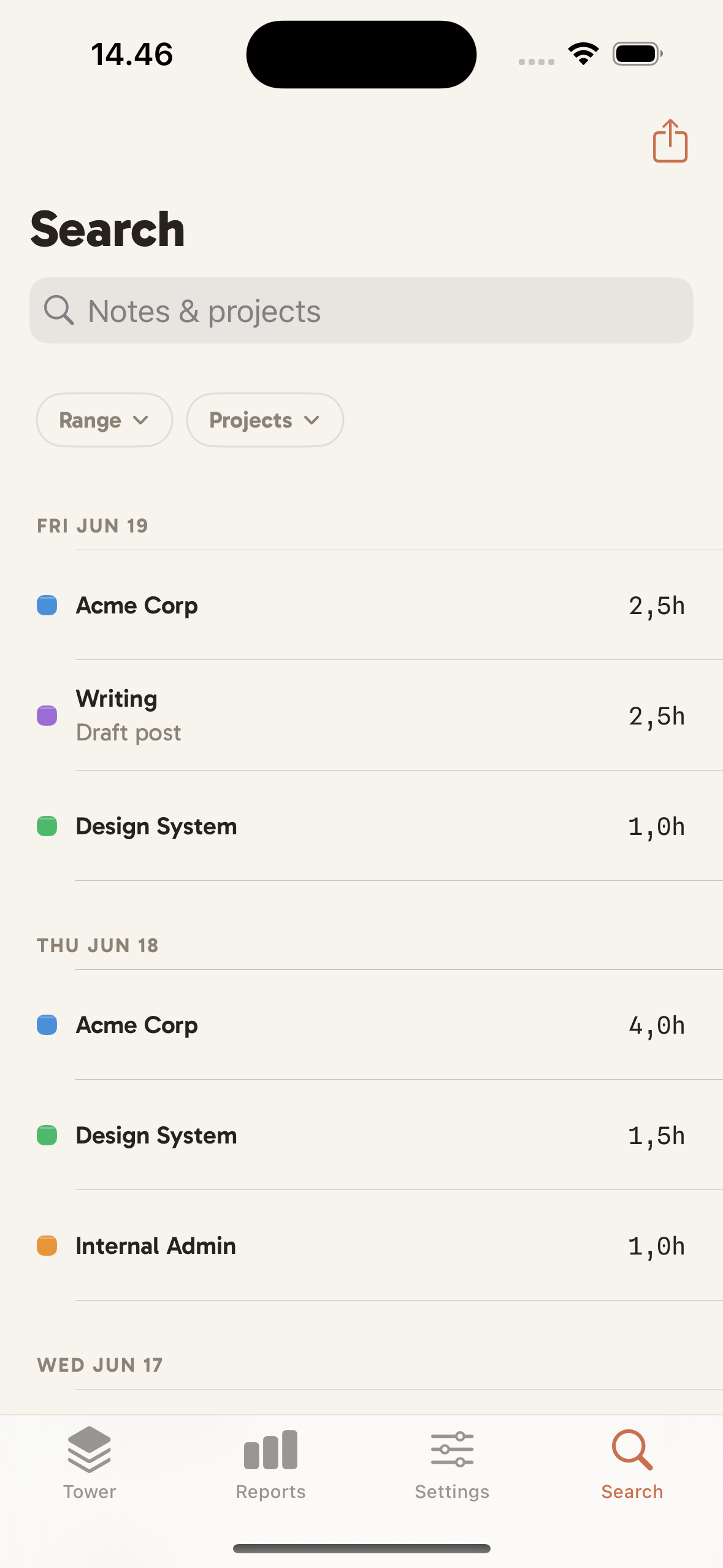 The search screen with range and project filters, listing logged hours grouped by day.