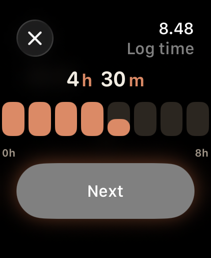 Clocktower on Apple Watch showing four hours thirty minutes logged on a segmented eight-hour gauge.